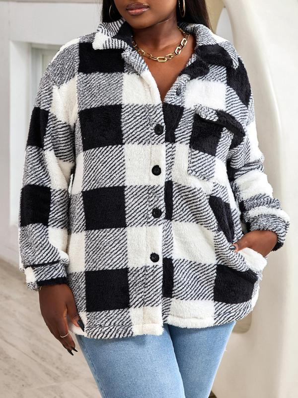 Curvzy Plus Size Plaid Print Button Front Pocket Plush Coat, Casual Long Sleeve Drop Shoulder Collared Jackets Outerwear for Fall & Winter, Women's Clothes for Daily Wear, Black Friday Haul