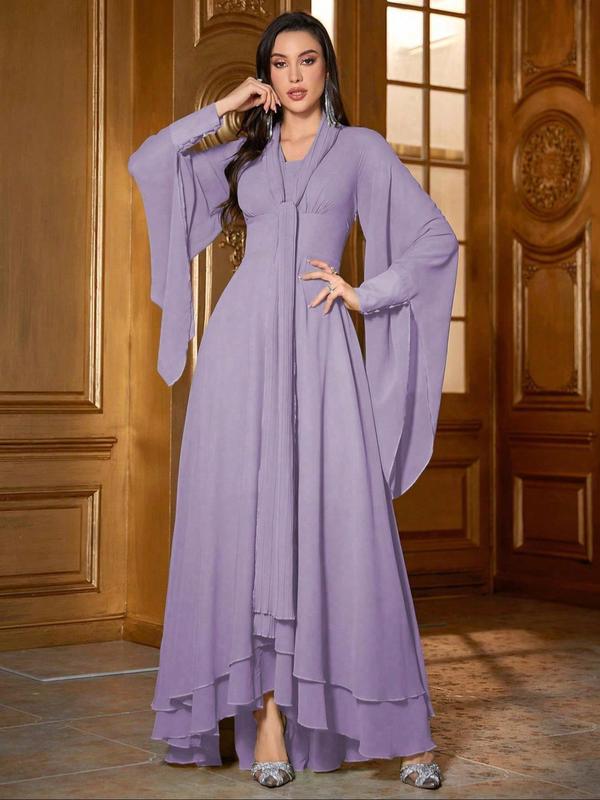 Women's Plain Tiered Layer Hem Button Flounce Sleeve Dress, Elegant Plicated V Neck Long Sleeve A Line Maxi Dress for Spring & Fall, Women's Clothing for Party & Banquet