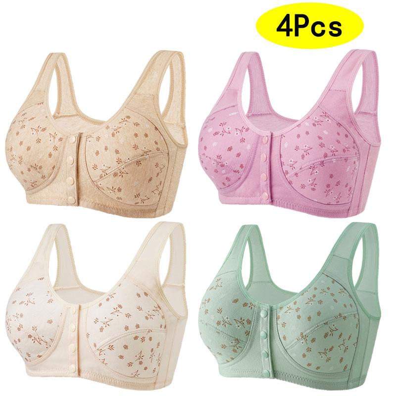 4Pcs Simple Ditsy Print Button Front Bra, Plus Size Comfy & Breathable Wireless Bra, Soft Wireless Bras, Seamless Breathable Front Clasp Design, Women's Comfortable Underwear Set, Easy Style Fashion Underwear, Women's Lingerie & Underwear Womenswear Lady