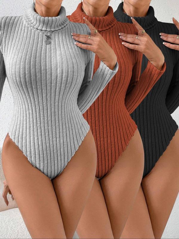 Women's Solid Long Sleeve Ribbed Bodysuit, Casual High Neck Tops Bodysuit for Daily Outdoor Wear, Women's Clothes Tummy Control Bodysuit, Basic Minimalist Comfort Longsleeves Womenswear for Lady, Fall Gift Bodycon  North West Body Suit