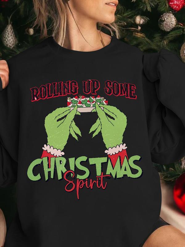 Rolling Up Some Christmas Spirit Shirt, Women's Cartoon Christmas & Letter Print Drop Shoulder Sweatshirt, Trendy Christmas Shirt Top Womenswear