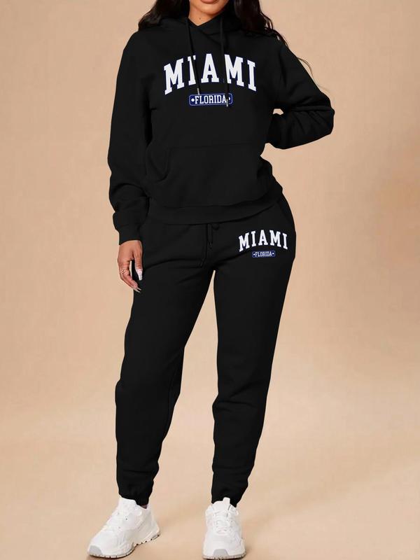 Women's Letter Print Pocket Hoodie & Drawstring Waist Sweatpants Set, Casual Long Sleeve Drawstring Hooded Sweatshirt & Pocket Jogger Pants, Women's Fall & Winter Clothes