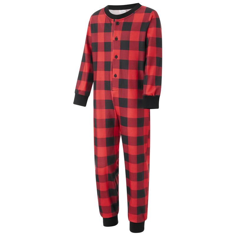 Matching Christmas Pajamas For Family Plaid Print Long Sleeve Button Down Full Length Jumpsuit Holiday Sleepwear