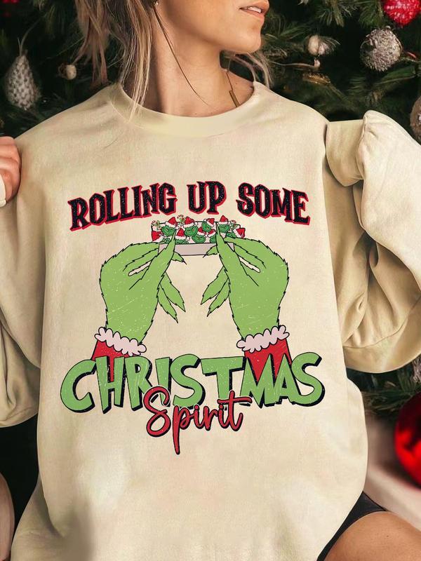 Rolling Up Some Christmas Spirit Shirt, Women's Cartoon Christmas & Letter Print Drop Shoulder Sweatshirt, Trendy Christmas Shirt Top Womenswear