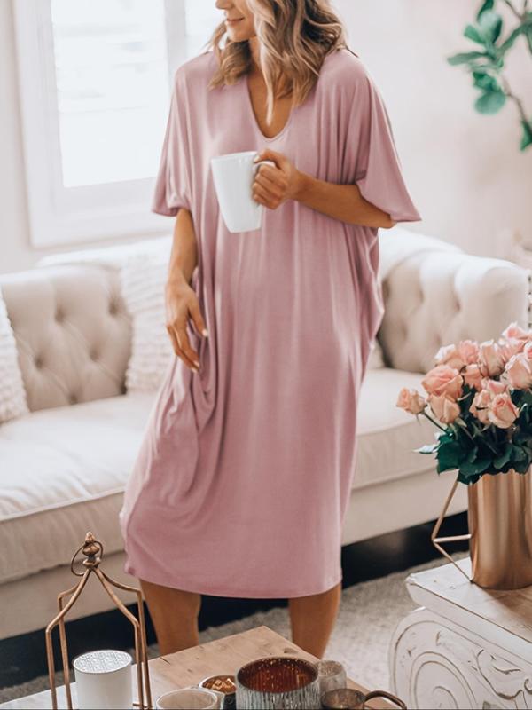 Women's Plain V Neck Batwing Sleeve Nightdress, Casual Soft Comfortable Half Sleeve Nightgown for Women, Ladies Summer Sleepwear