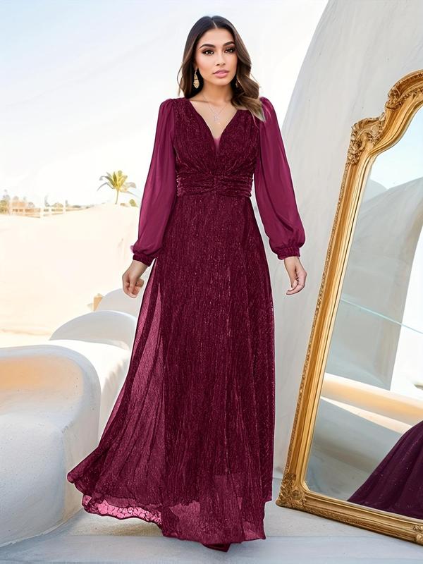 Women's Glitter Bishop Sleeve V Neck Maxi Dress, Elegant Long Sleeve A Line Dress for Party Holiday Wedding Guest, Ladies Clothes for All Seasons