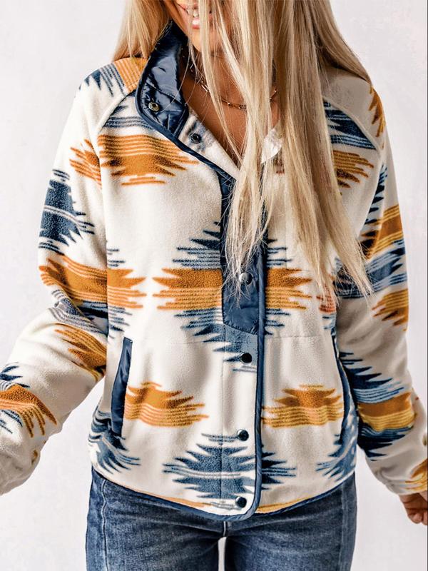 Women's Geometric Print Pocket Button Front Zipper Polar Fleece Spring Jacket, Casual Stand Collar Long Sleeve Outerwear for Fall & Winter, Women's Clothes for Daily Wear, Jackets & Coats, Fall Outfits, Fall Clothes, Preppy 80s Clothes