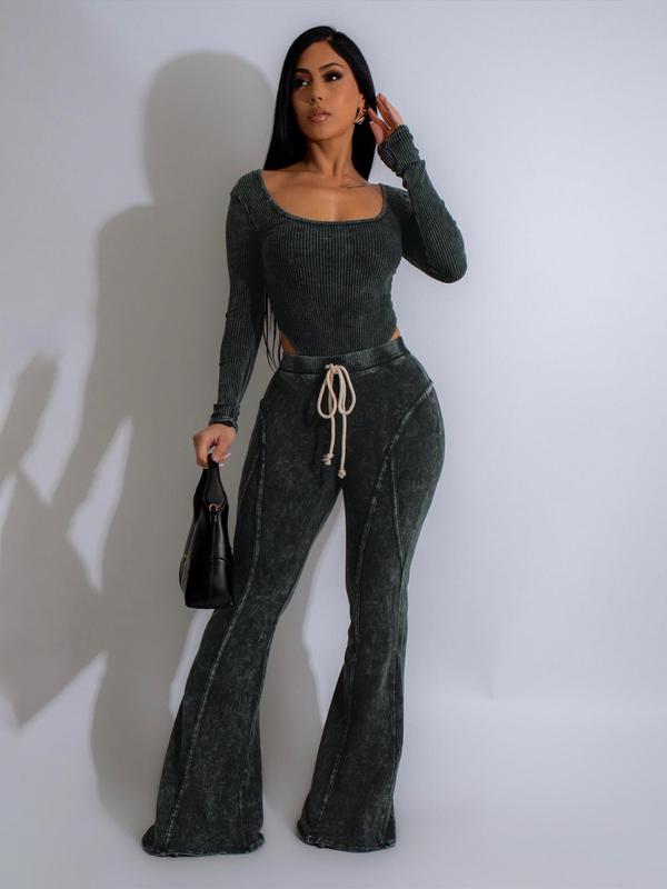 Women's Solid Long Sleeve Crop  Bodysuit & High Waist Flare Leg Pants Two-piece Set, Casual Fashion Cozy Two Piece Outfits for Daily Outdoor Wear, Women Clothes for Fall & Winter