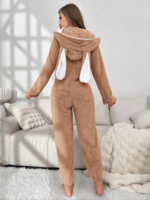 Women's Heart Pattern 3D Rabbit Ear Design Loung Hooded Onesie, Cute Zipper Long Sleeve Sleepwear, Casual Comfy Sleepwear for Fall & Winter Onesies Pajama