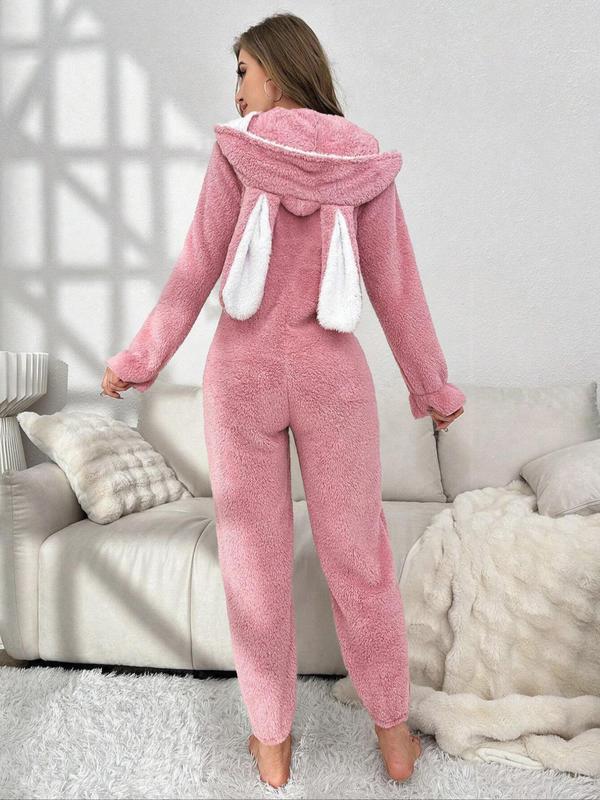 Women's Heart Pattern 3D Rabbit Ear Design Loung Hooded Onesie, Cute Zipper Long Sleeve Sleepwear, Casual Comfy Sleepwear for Fall & Winter Onesies Pajama