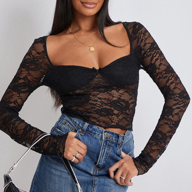 Women Y2k Lace Long Sleeve Top See Through Mesh Crop Top Floral Slim Fit Layering Top Tee Shirt Blouse Streetwear