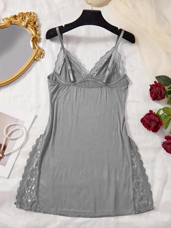  Contrast Lace Split Hem Cami Nightdress, Soft Comfortable Nightgown for Women, Women's Sleepwear for All Seasons