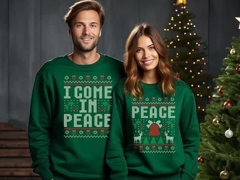 Couples Matching Ugly Christmas Sweater, I Come in Peace Sweater, Ugly Xmas Holiday Sweater, Adult Humor Peace Shirt, Ugly Christmas Party