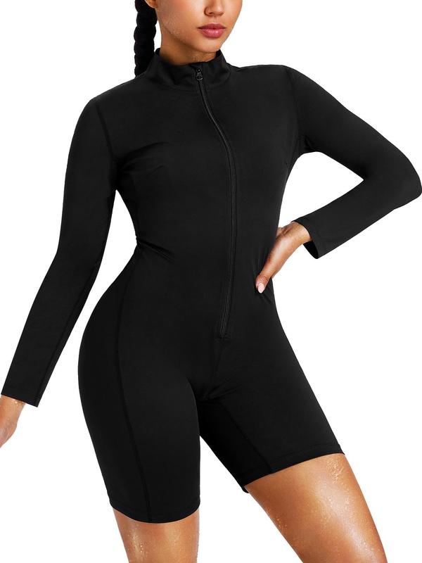 Women's Solid Zip Up Mock Neck Shapewear Romper, Casual Comfy Slimming Sauna Romper, Body Shapewear, Ladies Shapewear for All Seasons Shorts Bodysuit