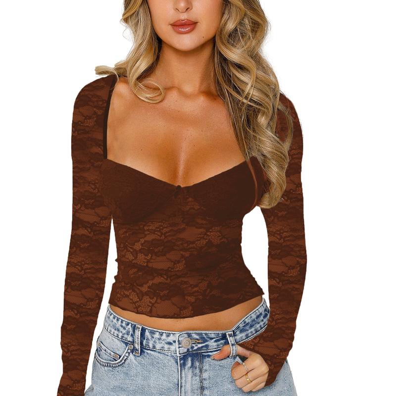 Women Y2k Lace Long Sleeve Top See Through Mesh Crop Top Floral Slim Fit Layering Top Tee Shirt Blouse Streetwear