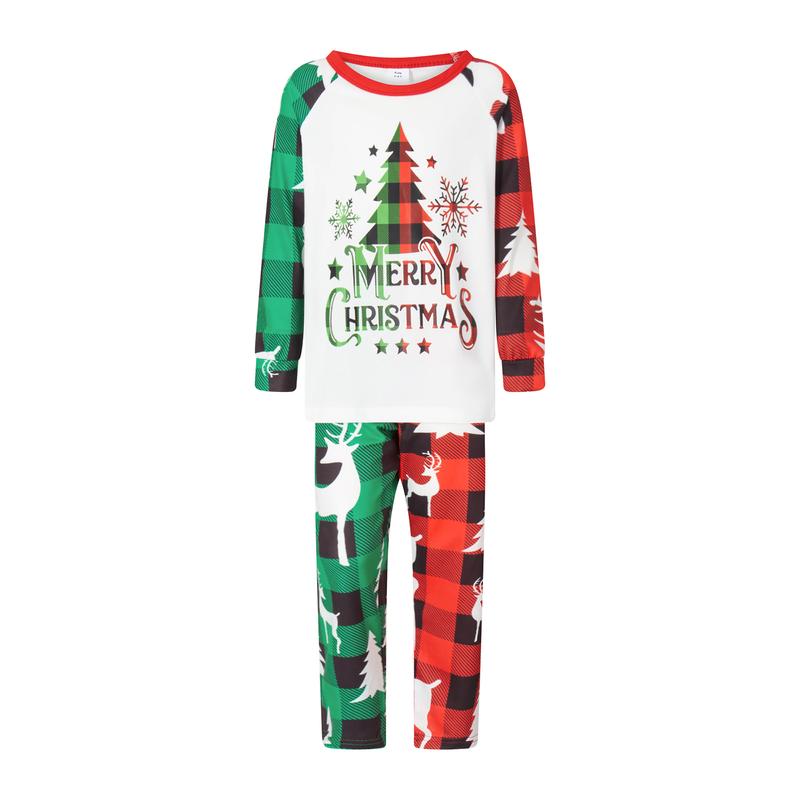 Christmas Family Pajamas Matching Set Parent-child Christmas Tree Letter Print Contrast Color Long Sleeve Tops and Plaid Pants Sleepwear