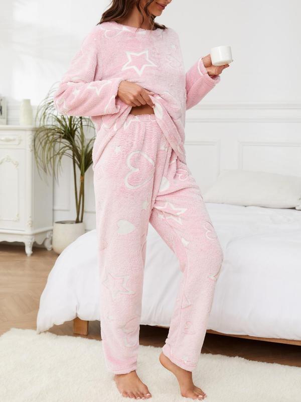 Women's Glow in The Dark Heart & Star Print Pyjama Set, Casual Long Sleeve Round Neck Top & Elastic Waist Pants Lounge Set, Cold Weather Gear, Fall Wear, Fallfreshness, Pajama Sets Women, Women's 2 Piece Sets, Lounge Set for Women