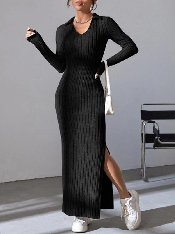 Women's Plain Collar Split Bodycon Dress, Elegant Casual Long Sleeve Ribbed Dress for Spring & Fall, Women's Clothing for Daily Wear