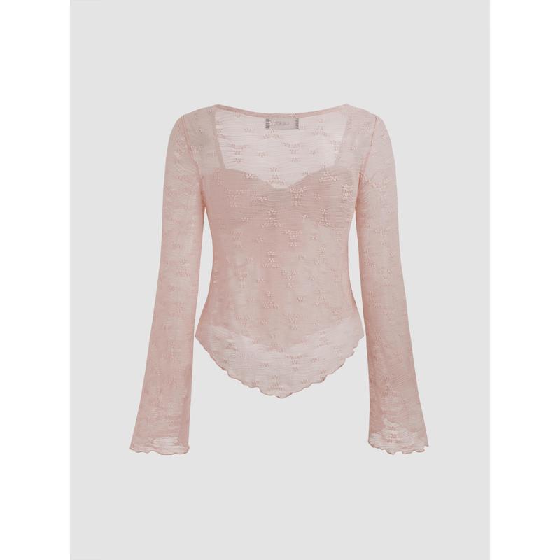 Cider [4 colors, Size 0-26] Lace Square Neck Knotted Long Sleeve Top