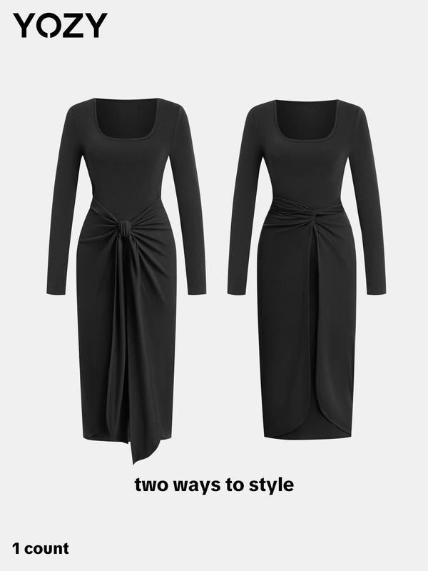 YOZY Christmas Deals, Women's Solid Color Twist Front Ribbed Wrap Dress, Casual Knot Long Sleeve Square Neck Dress for Spring & Fall, Women's Clothing for Daily Wear, Christmas 2024 Trend, Fall & Winter Clothes