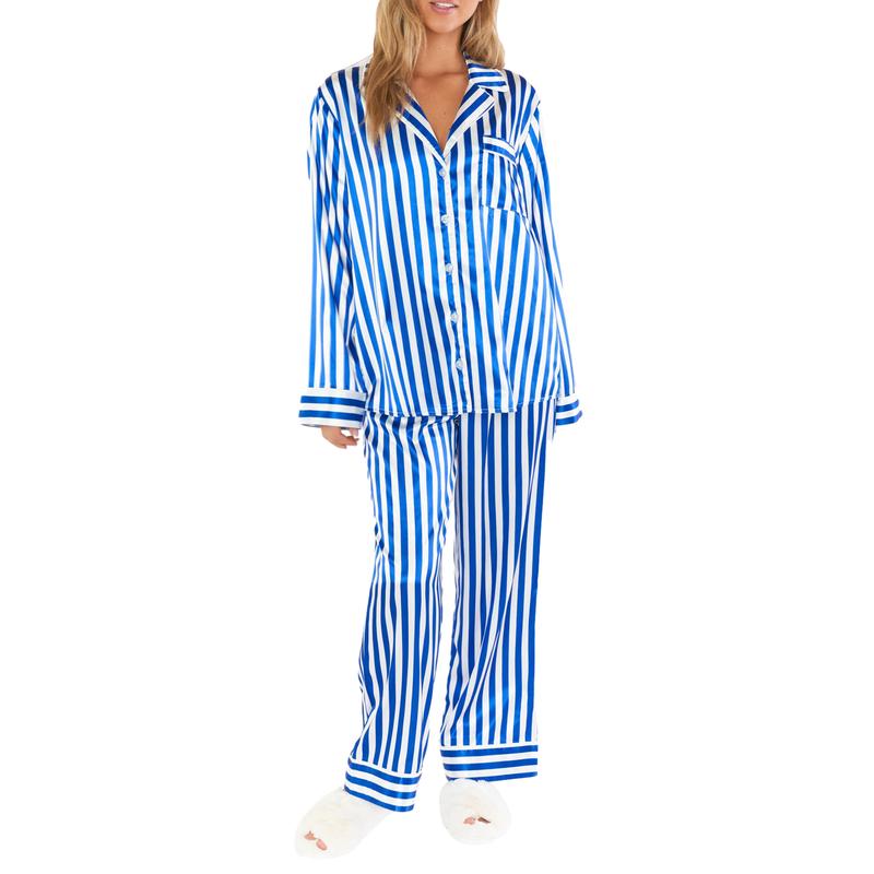 Womens Christmas Pajamas Set Striped Print Long Sleeve Button Down Shirt Blouse and Pants Pjs Lounge Set Sleepwear