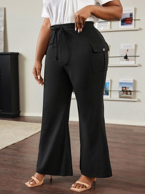 Christmas Deals, CURVZY Plus Size Solid Drawstring Waist Flare Leg Pants, Casual Pocket Bell Bottom Trousers for Daily Wear, Women's Bottoms for Fall & Winter, Christmas 2024 Trend, Christmas Clothes, Fall&Winter Clothes, Christmas Gift Ideas