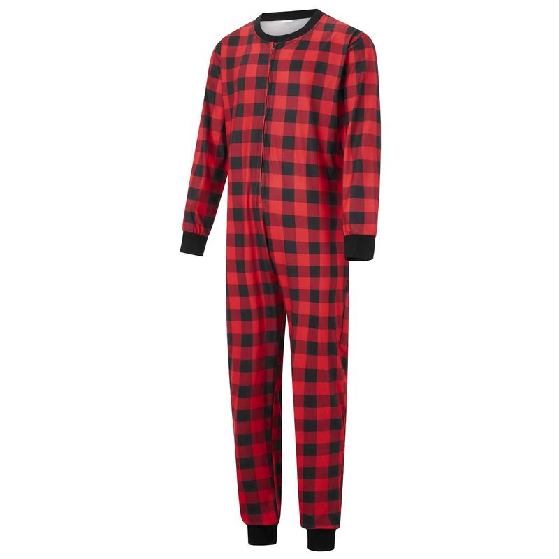 Matching Christmas Pajamas For Family Plaid Print Long Sleeve Button Down Full Length Jumpsuit Holiday Sleepwear