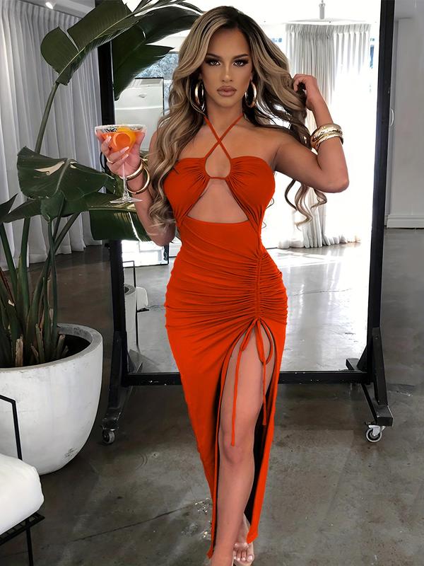 Women's Plain Criss Cross Drawstring Ruched Split Thigh Bodycon Dress, Summer Dresses, Backless Cut Out Halter Long Dress, Dresses for Women, Party Nightclub Clothes, Back To School Clothes, Sun Dresses, Women's Fall Clothing, Birthday Dresses 2024