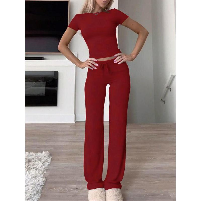 Women's Solid Short Sleeve Two Piece Set, Summer Outfits 2024 Two Piece Sets, Casual Round Neck Crop Tee & Drawstring High Waist Trousers for Daily Wear, Back-to-school Clothing, Ladies Fall Matching Sets Going Out, Fall Outfits Black Girl Womenswear