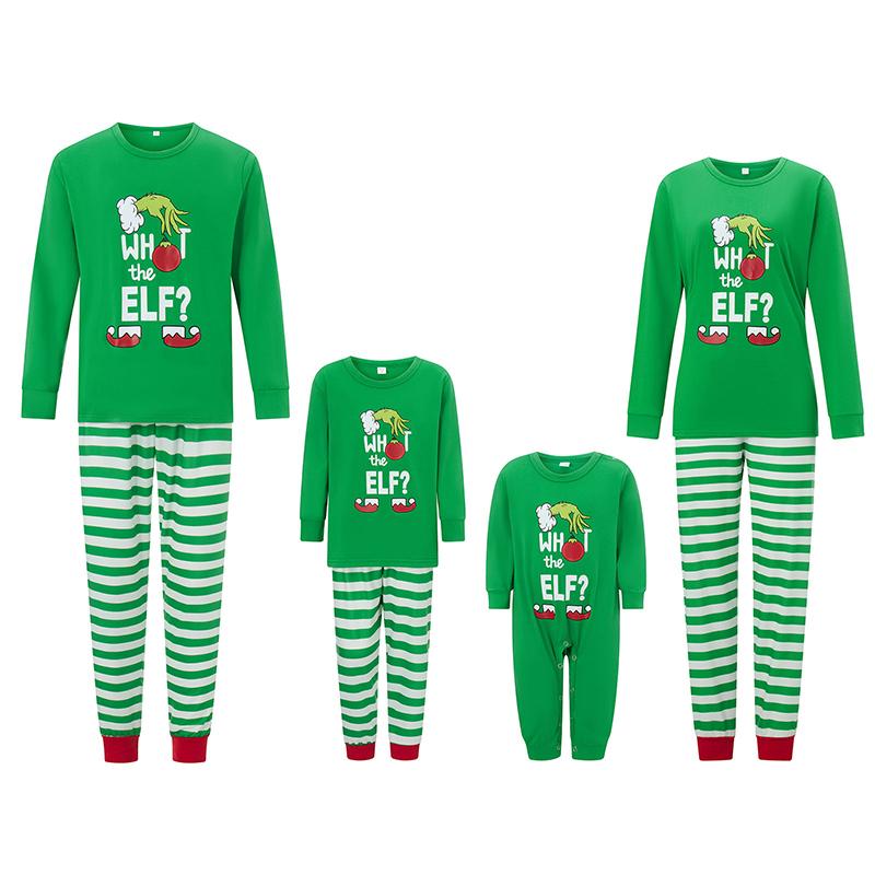 Green Christmas Pajamas For Family Family Pajamas Matching Set Christmas Elf Print Long Sleeve Tops and Elastic Striped Pants Loungewear Soft Sleepwear