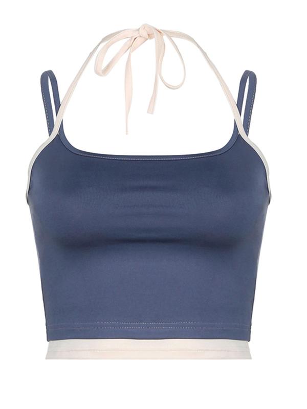 Women's 2 in 1 Colorblock Tie Back Halter Neck Crop Cami Top, Summer Clothes Women,  Crop Tops, Casual Street Sleeveless Top for Summer, Women's Clothes for Daily Wear