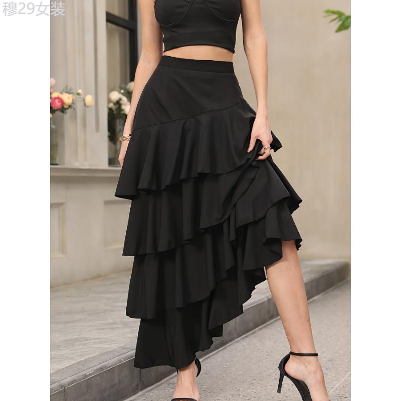 Stunning A-Line Ruffle Hem Skirt - Women's Clothing - Elegant High Waist Ankle Length Solid Color Party & Banquet Skirt with Layered Asymmetrical Design, Comfortable and Flattering Fit Fabric Womenswear