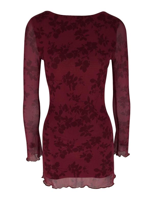 Women's Floral Print Lettuce Trim Bodycon Dress, Elegant Boat Neck Long Sleeve Mini Dress for Party Club Dating Wear, Women's Clothing for Fall & Winter