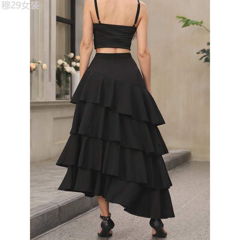 Stunning A-Line Ruffle Hem Skirt - Women's Clothing - Elegant High Waist Ankle Length Solid Color Party & Banquet Skirt with Layered Asymmetrical Design, Comfortable and Flattering Fit Fabric Womenswear