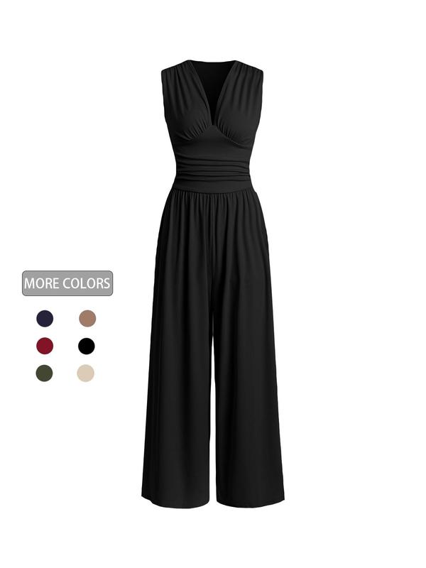 Women's Minimalist Plain Ruched Deep V Neck Wide Leg Jumpsuit, Lady Casual Basic Comfort Sleeveless Ribbed Jumpsuit for Daily Wear, Ladies Clothes for All Seasons, Womenswear Overalls