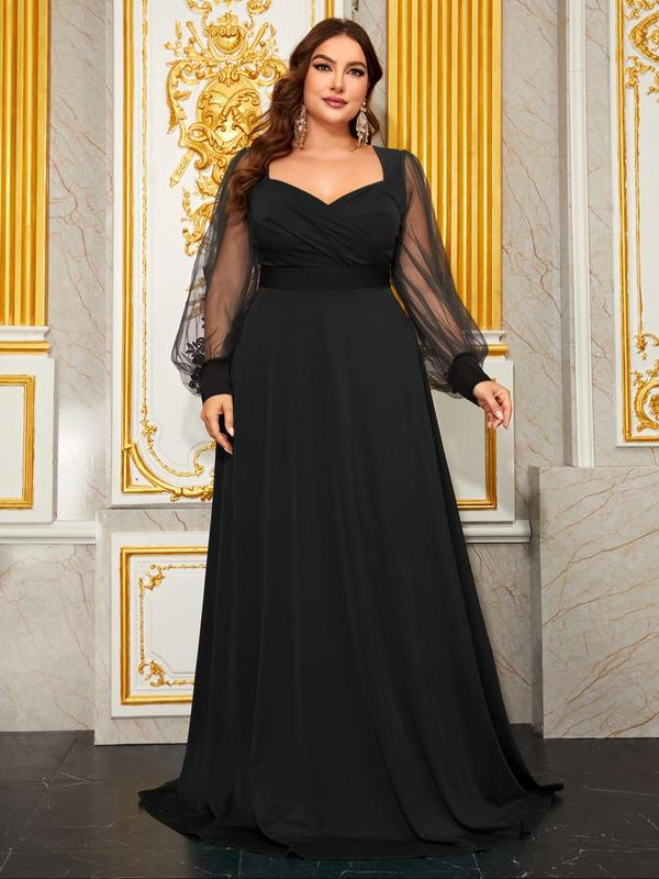  Floral Embroidery Contrast Mesh Ruched Wrap Sheer Bishop Sleeve Evening Dress, Elegant Sweetheart Neck Long Sleeve Maxi Evening Party Gown, Women's Clothes for Fall