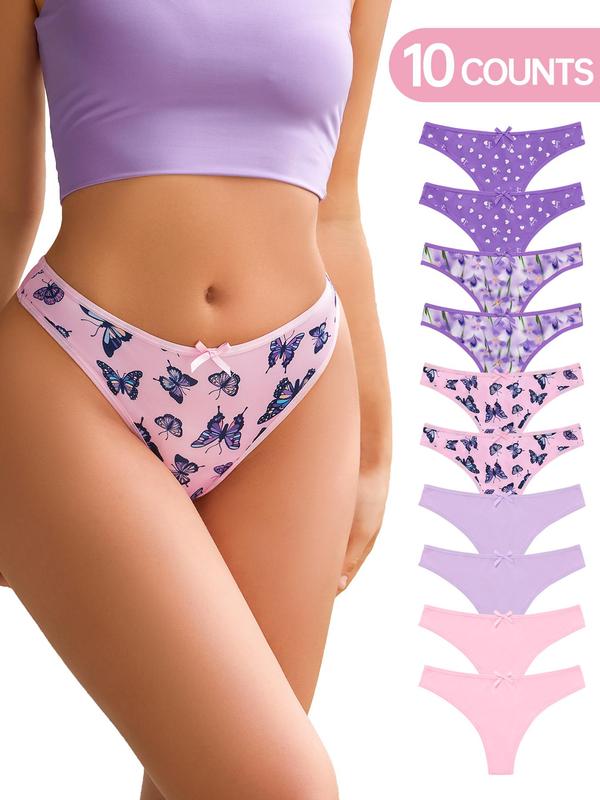 Women's Solid & Butterfly & Heart & Floral Print Bow Decor Thong, Soft Cute Comfy Breathable Contrast Binding Panty for Daily Wear, Ladies Underwear for All Seasons