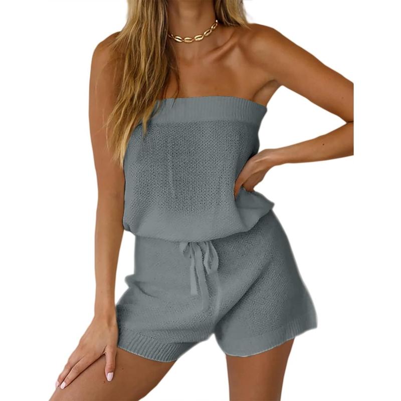 Fisoew Womens Comfort Summer Jumpsuits Casual Fitted Loose Sleeveless Off Shoulder Elastic Waist Romper Loungewear Lady Two Piece Outfits