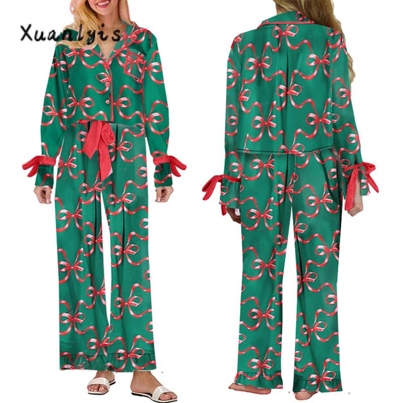 Women Pajamas Bow Print Lape Long Sleeve Button Down Tops and Drawstring Pants Sleepwear Loungewear Womenswear