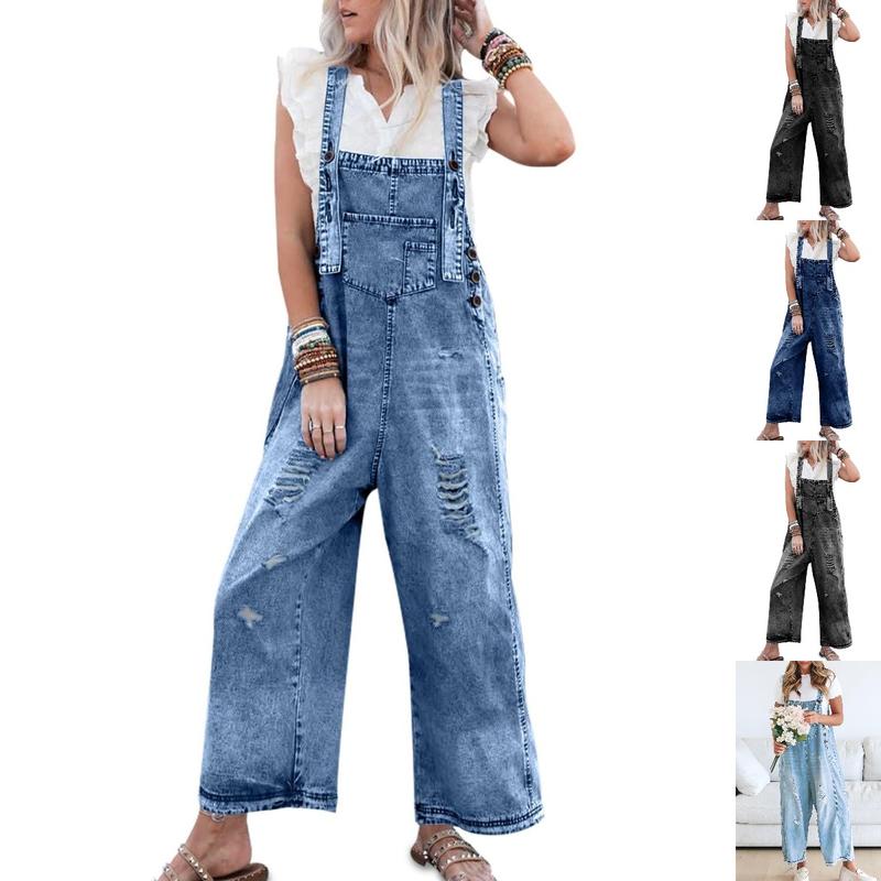 Goranbon Women's Denim Overalls Casual Jumpsuits Loose Fit Adjustable Strap Distressed Bib Jeans Overall Jumpsuits