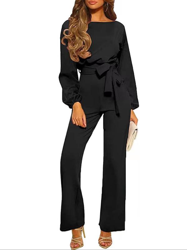 Women's Solid Color Cut Out Belted Jumpsuit, Casual Bishop Sleeve Keyhole Back Jumpsuit for Fall & Winter, Women's Clothes for Daily Wear