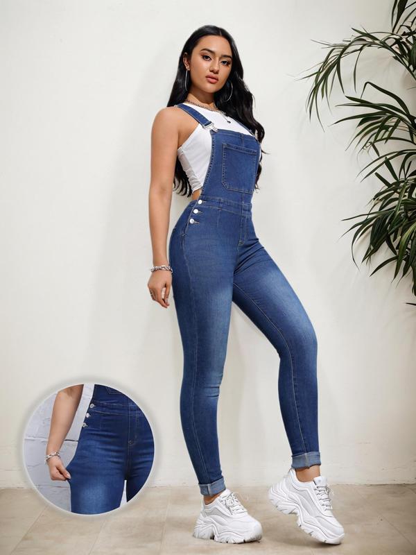 Women's Plain Denim Overalls Jumpsuit, Casual Fashion Pocket Design Overalls Jumpsuit for Daily Wear, Ladies Clothes for All Seasons