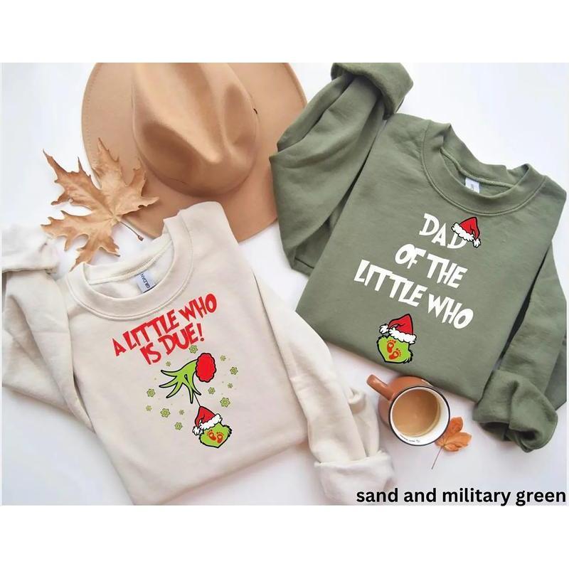 A Little Who Is Due Couple Sweatshirt, Mommy To Be Shirt, New Dad Shirt, Christmas Pregnancy Reveal Sweatshirt,  Christmas Holiday Maternity Sweatshirt, Christmas Pregnant Shirt, Baby Reveal Xmas Party Shirt