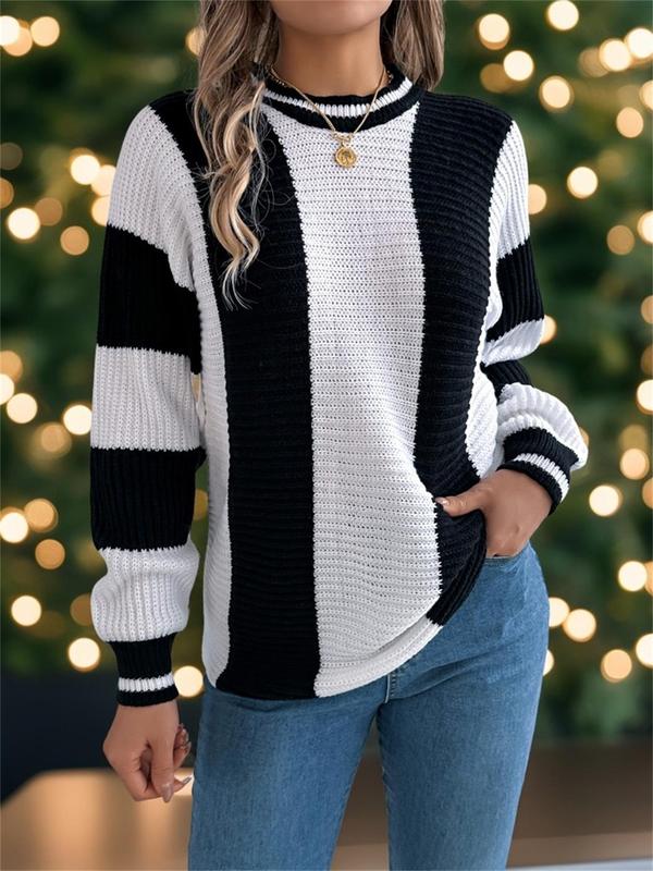 Women's Striped Colorblock Round Neck Sweater, Casual Long Sleeve Crew Neck Jumper for Fall & Winter, Fashion Ladies' Knitwear for Daily Wear