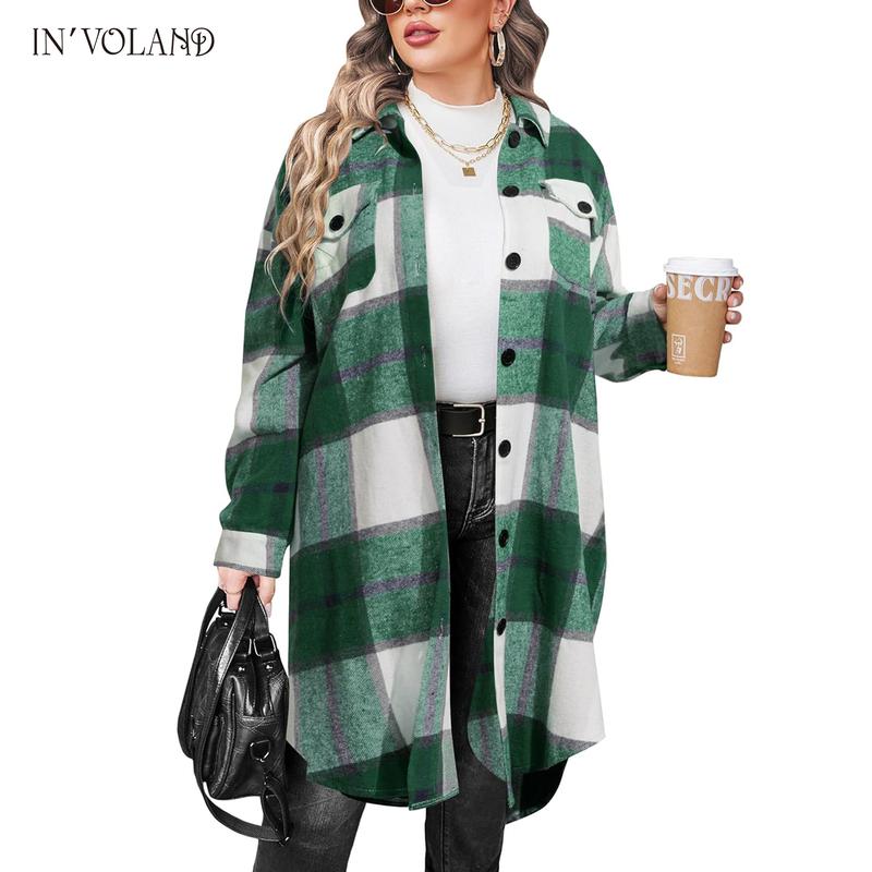 Tops Holiday haul  IN'VOLAND Womens Plus Size Flannel Plaid Shirts Long Sleeve Lounge Lapel Boyfriend Button Down Tartan Long Jacket Coats