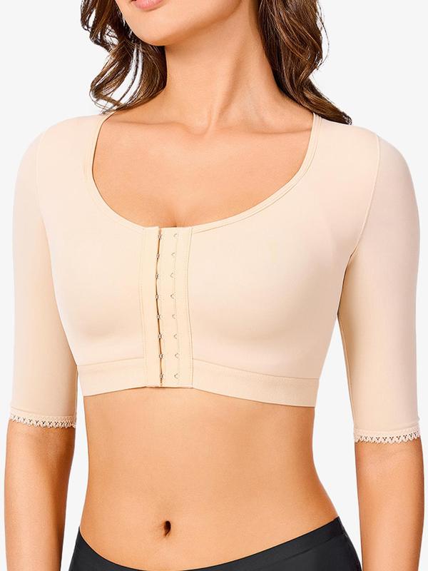 Women's Solid Color Adjustable Hook & Eye Closure Crop Shapewear Top, Casual Comfortable Breathable Half Sleeve Shaper, Women's Shapewear for Daily Wear