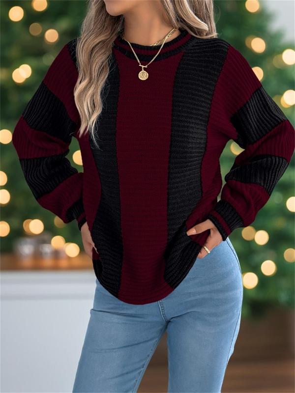 Women's Striped Colorblock Round Neck Sweater, Casual Long Sleeve Crew Neck Jumper for Fall & Winter, Fashion Ladies' Knitwear for Daily Wear