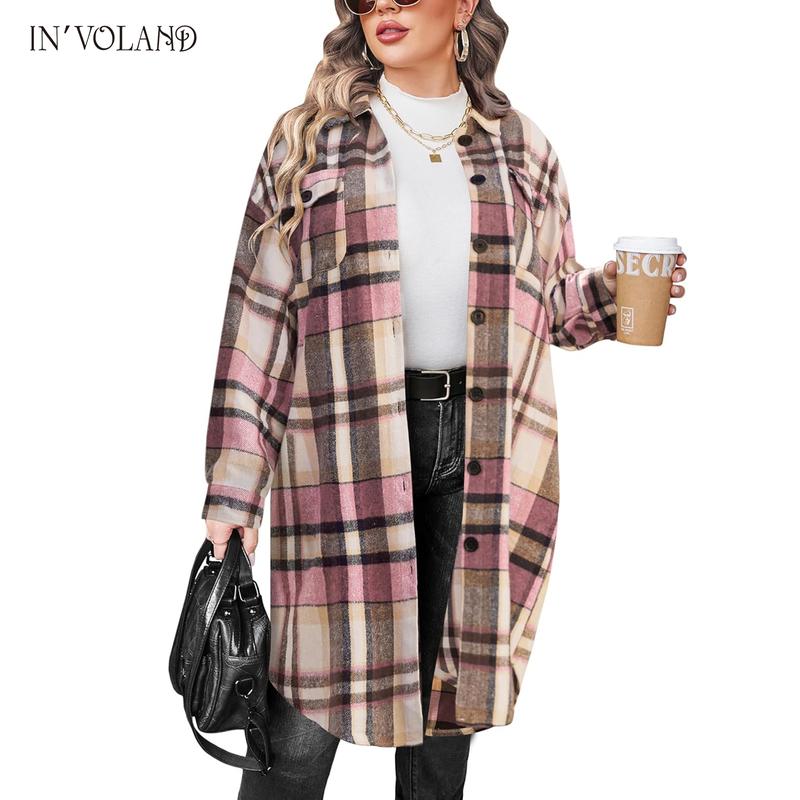 Tops Holiday haul  IN'VOLAND Womens Plus Size Flannel Plaid Shirts Long Sleeve Lounge Lapel Boyfriend Button Down Tartan Long Jacket Coats