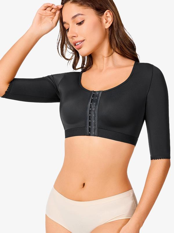 Women's Solid Color Adjustable Hook & Eye Closure Crop Shapewear Top, Casual Comfortable Breathable Half Sleeve Shaper, Women's Shapewear for Daily Wear