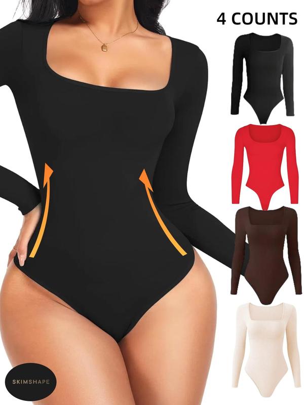 Women's Solid Square Neck Long Sleeve Shapewear Bodysuit, Fall Wear, Casual Comfy Tummy Control Butt Lift Shaper, Ladies Shapewear for Fall